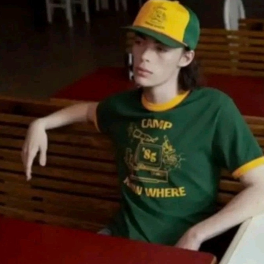 Stranger Things Camp Know Where 85 Ringer T-Shirt Large Green Yellow Netflix